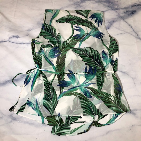 Zara Basic White & Green Palm Print Wrap Tank Top - Picture 6 of 7
